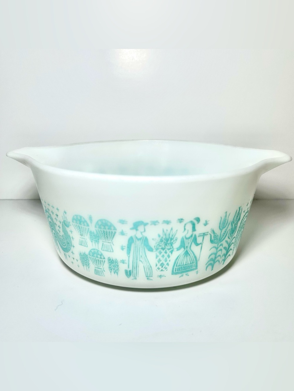 Vintage Pyrex Amish Blueprint 1.5 Turquoise & White Double Handle Casserole Dish